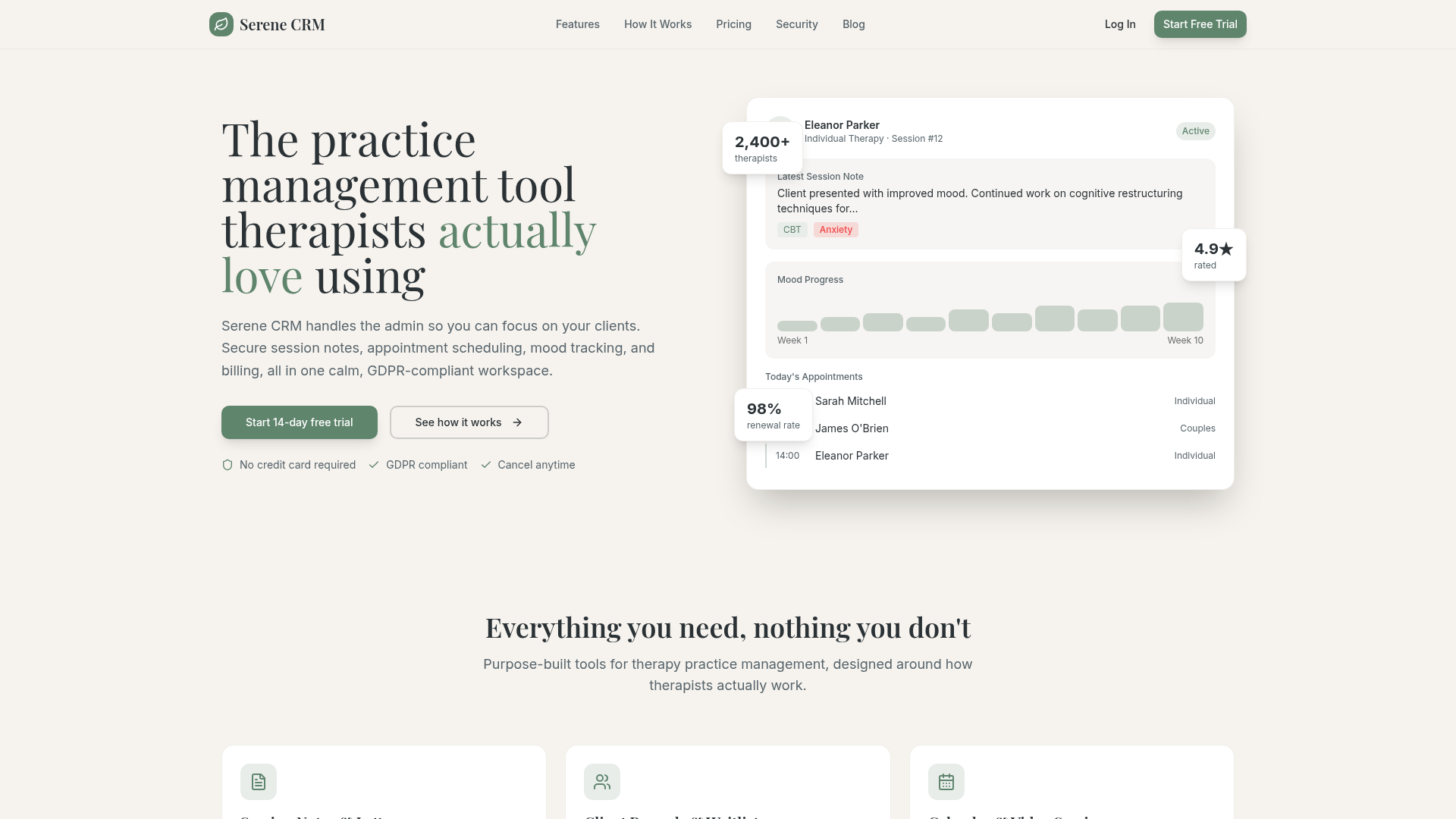 Serene CRM website preview